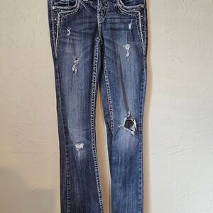 Silver Jeans Co. Aiko Bootcut Distressed Medium Wash Embroidered Denim Jeans